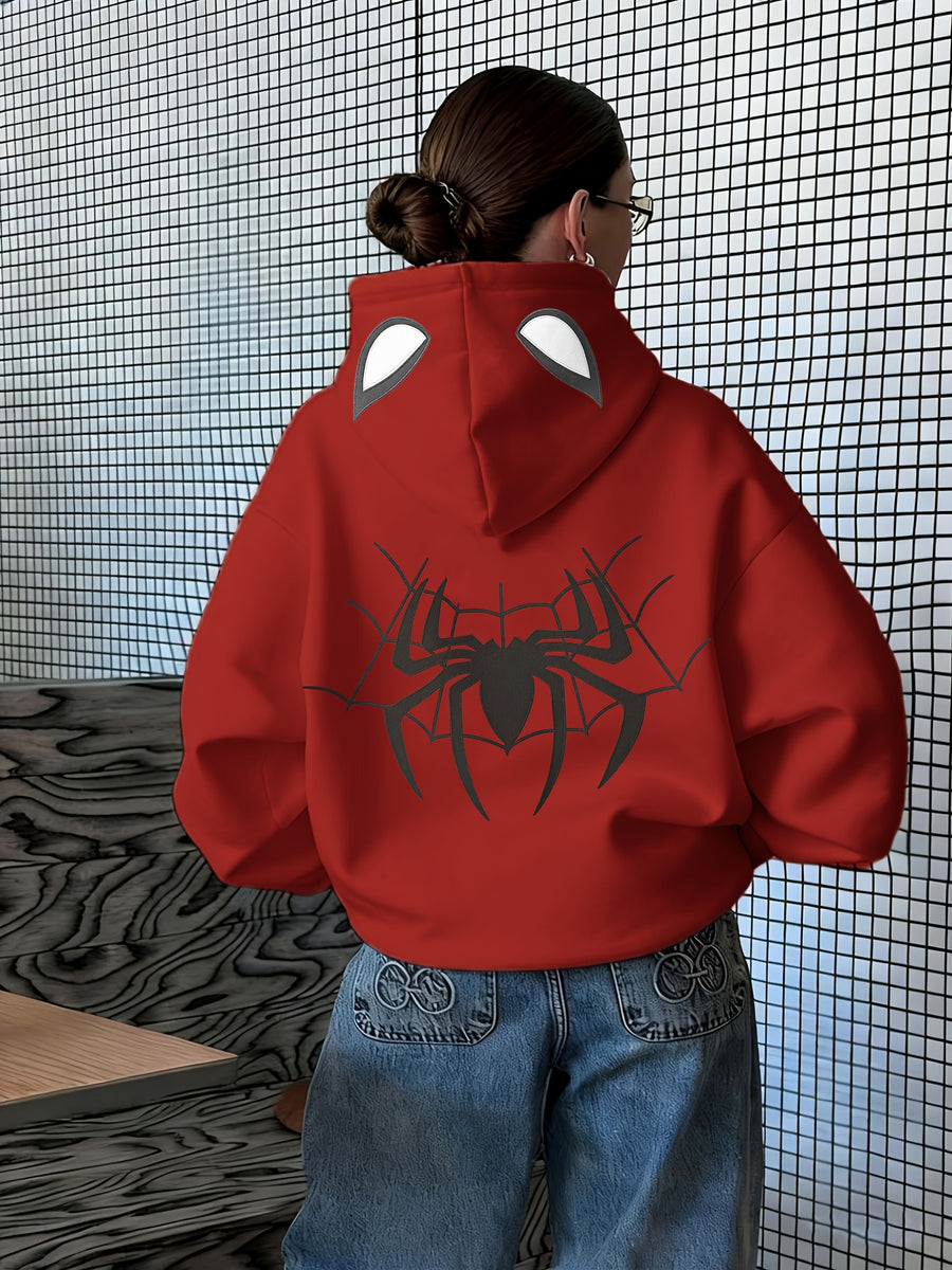 A Trendy Hooded Sweatshirt Featuring a Stylish and Versatile Spiderweb Print, Suitable for Autumn and Winter, Women's Clothing - Red