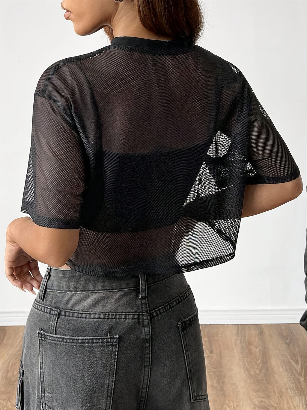 European and American Fashion Digital Short Spliced Sports Round Neck Solid Color T-Shirt Top - Black