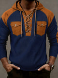 [Starry OBM] Men'S Spring/Summer New Fashion Textured Drawstring Hooded Polo Shirt, Men'S Hooded Pullover, Shoulder Panel Design Top, Multifunctional Pocket Design Jacket, Retro Versatile Trendy Fashion Sweatshirt, Men'S Casual Wear, Holiday Gift - Navy Color