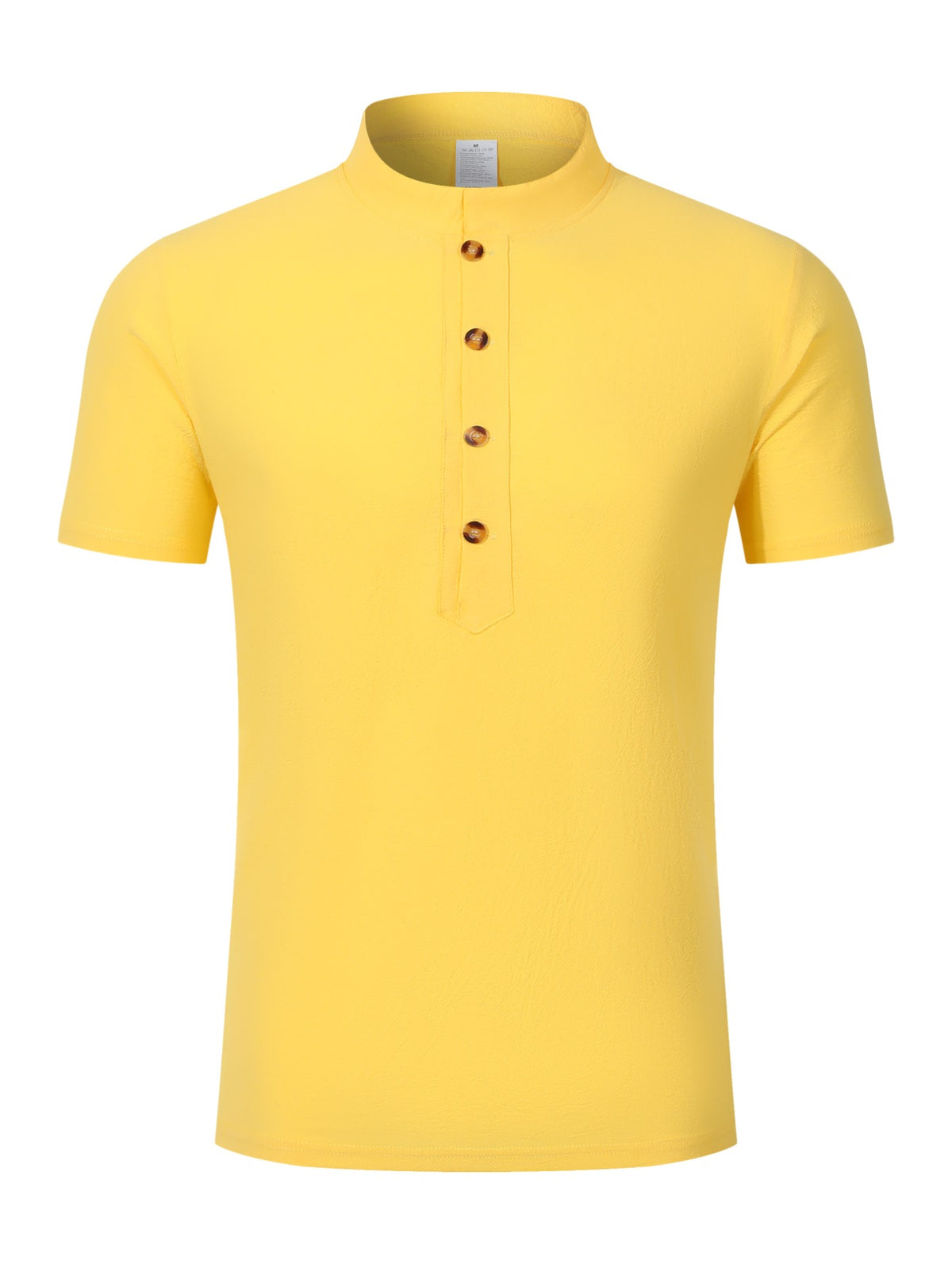 Men's Mountain Graphic Short Sleeve Henley Shirt, Mandarin Collar Half Placket Button Casual T-Shirt, Lightweight And Linen Blend Texture Summer Beach Tops - Yellow