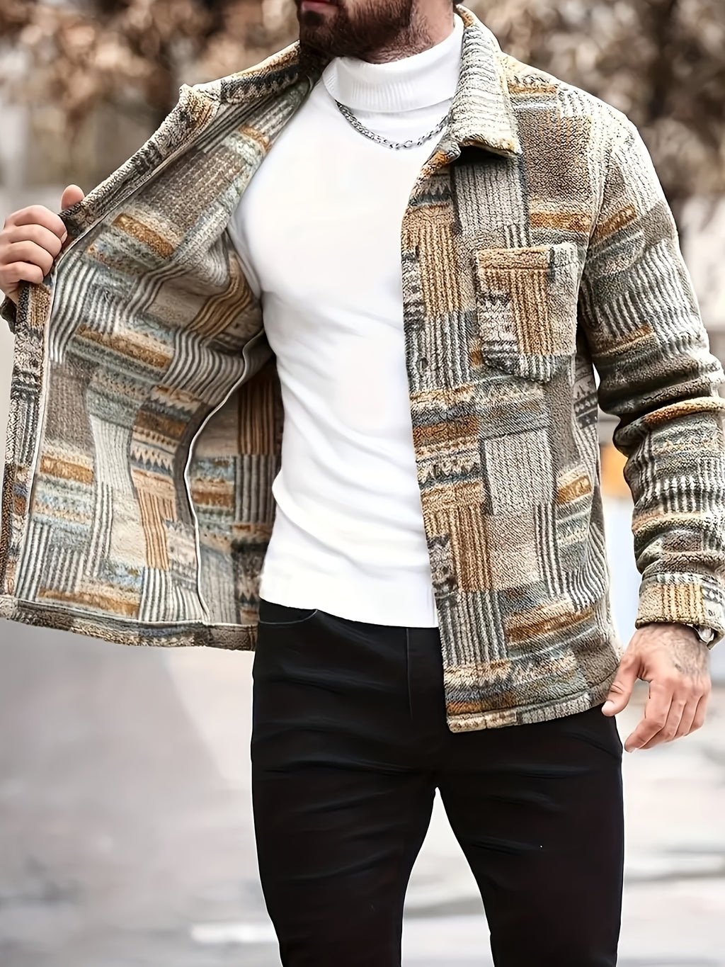 Men'S Geometric Pattern Long Sleeve Single Button Pocket Casual Jacket, Suitable for Autumn Winter Spring, Men'S Retro Style Jacket - Multicolor