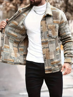 Men'S Geometric Pattern Long Sleeve Single Button Pocket Casual Jacket, Suitable for Autumn Winter Spring, Men'S Retro Style Jacket - Multicolor