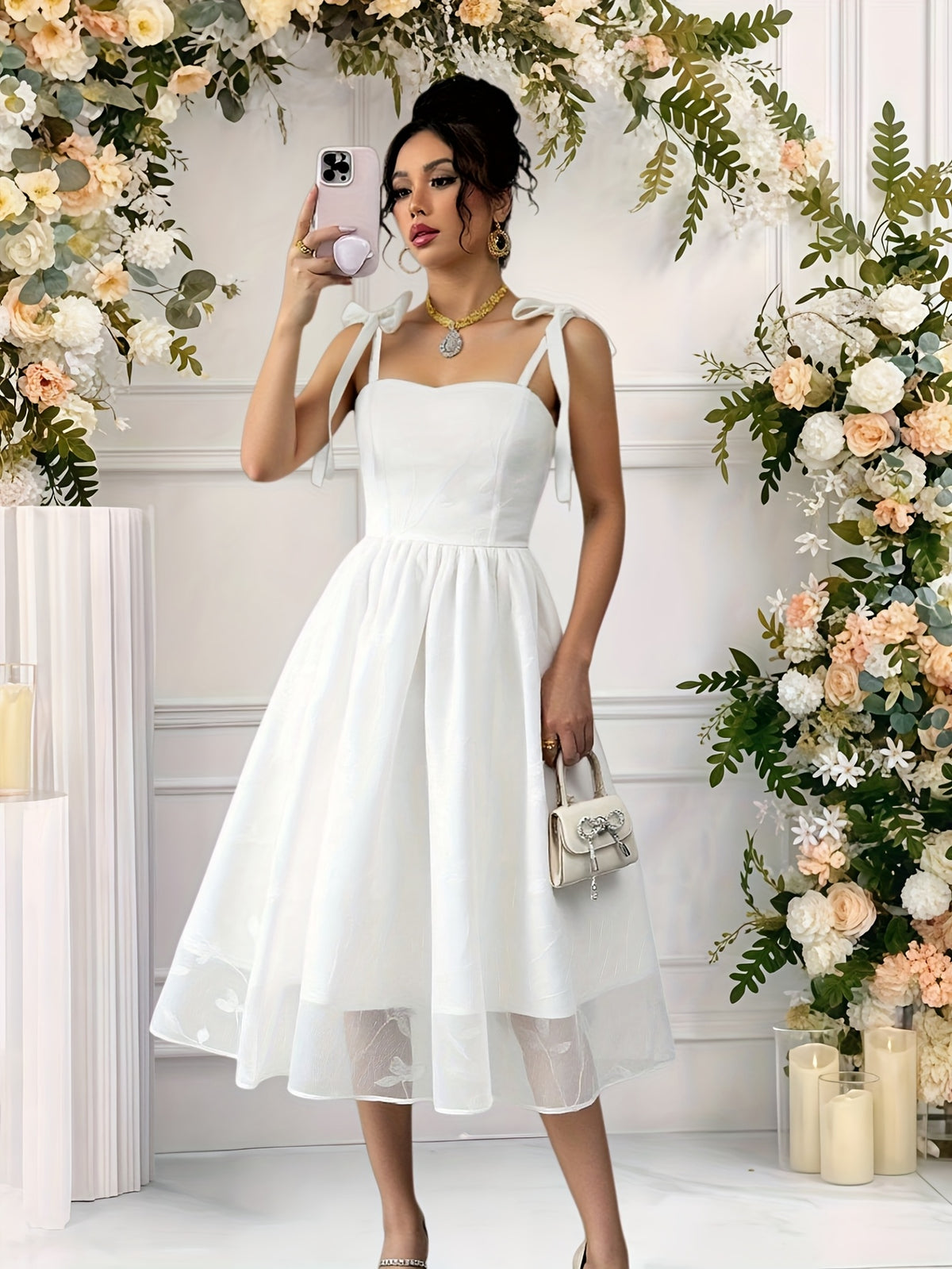 Women'S Elegant Clothing Bow Suspender Strappy Bandeau Style Bridesmaid Dress - White