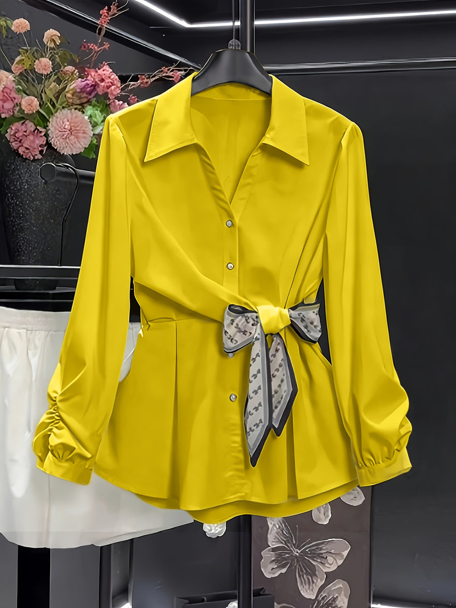High-End Feel Commuter Versatile Exquisite Women's Shirt, Spring/Summer New Arrival Long-Sleeve Top, Waist-Cinching Stylish Blouse - Yellow