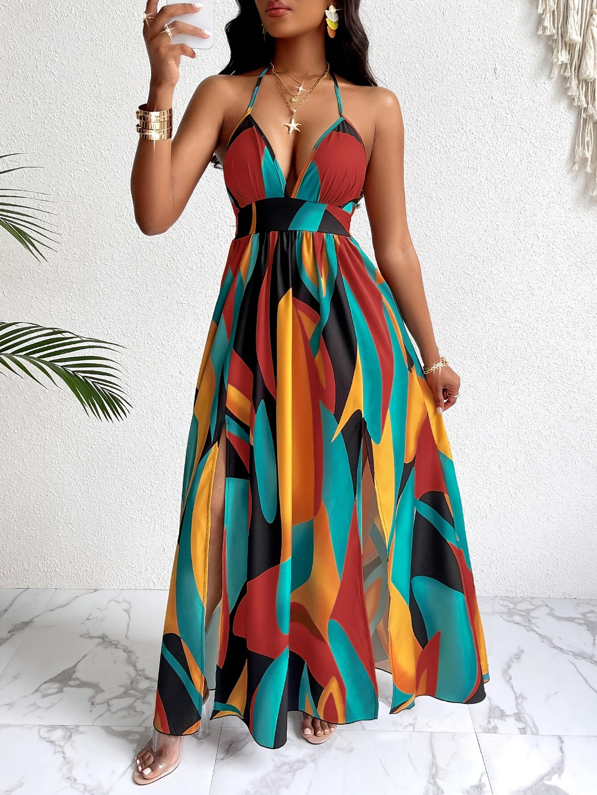 Wan Xiling's -pattern Printed Backless Summer Strappy Beach Dress for Women - Brick Red