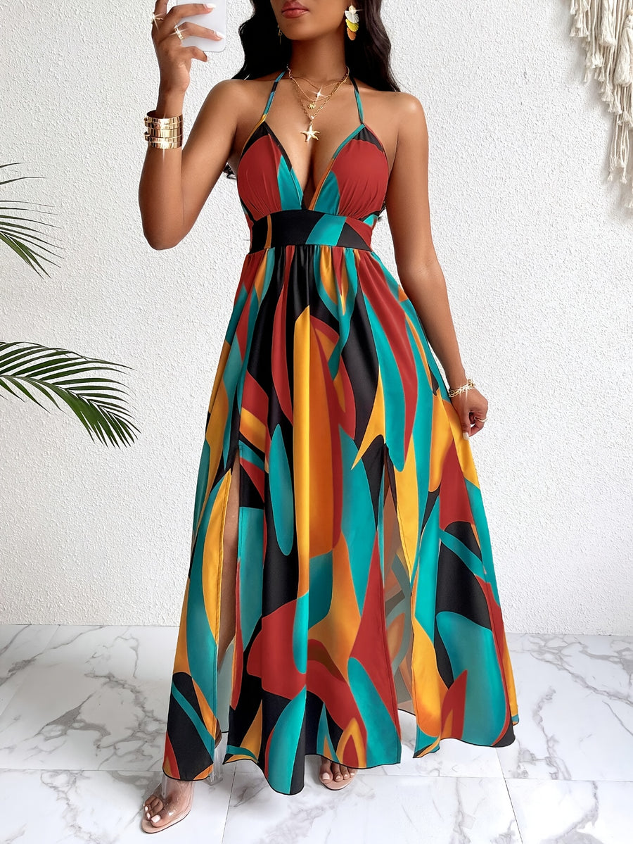 Wan Xiling's -pattern Printed Backless Summer Strappy Beach Dress for Women - Brick Red