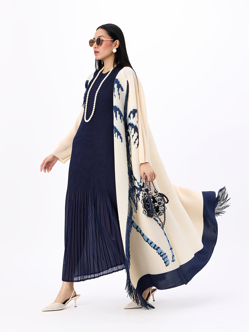 Women'S Modest Open Front Abaya Pleated Long Cardigan Dubai Arab Turkish Kimono Duster Coat Vintage Palm Tree Print Fringe Trim Resort Holiday Cover Up Beach Robe Outerwear - Milky