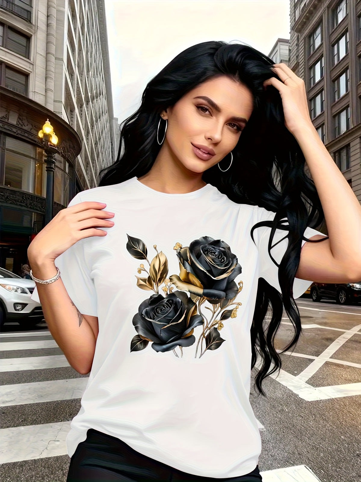 A Stylish And Breathable T-Shirt Featuring a Luxurious Vintage Design with a Black And Golden Rose Pattern, Perfect for Family Trips, Campus Events, Casual, Daily Commutes, Matching Outfits for Sisters, And Versatile Wear - White