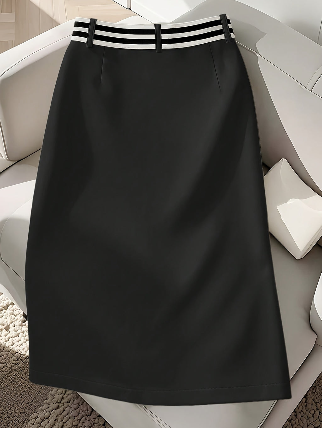 Elegant White High-waist Pleated Skirt with Black Button Accents - Stylish Polyester Fabric, Suitable for All Seasons, a Spring Fashion Choice | Elegant Dress - Black