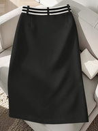 Elegant White High-waist Pleated Skirt with Black Button Accents - Stylish Polyester Fabric, Suitable for All Seasons, a Spring Fashion Choice | Elegant Dress - Black