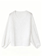 Women's Pullover V-Neck Soft Sweater, Loose Hollow-Out Top, Gentle Style Top, Fashionable, Soft Fabric, Versatile Long-Sleeve Batwing Shirt, Breathable Cover-Up - White
