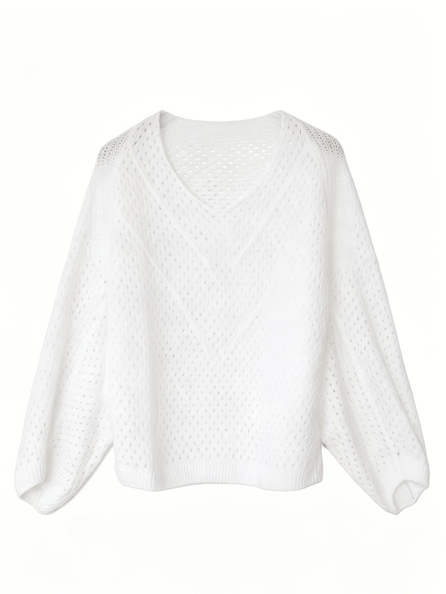 Women's Pullover V-Neck Soft Sweater, Loose Hollow-Out Top, Gentle Style Top, Fashionable, Soft Fabric, Versatile Long-Sleeve Batwing Shirt, Breathable Cover-Up - White