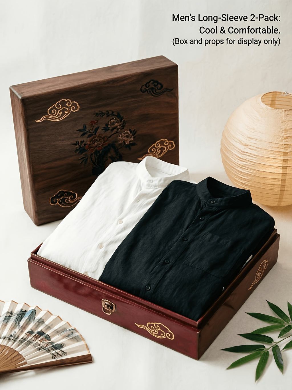 Men's Autumn Linen Long Sleeve Shirt 2pcs, Stand Collar Loose Fit, Breathable & Comfortable, Vintage Chinese Style for Daily Commute & Casual Wear, Gift Box Packaging for Gifting or Personal Use (Box and Props for Display Only) - Light White+Black Color