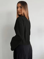 Women's Flared Sleeve Blouse, Suitable for Daily Business Commutes and Office Wear, Solid Color Shirt with Metal Buttons, Basic Top, Vintage Style, Elegant Women's Blouse - Black