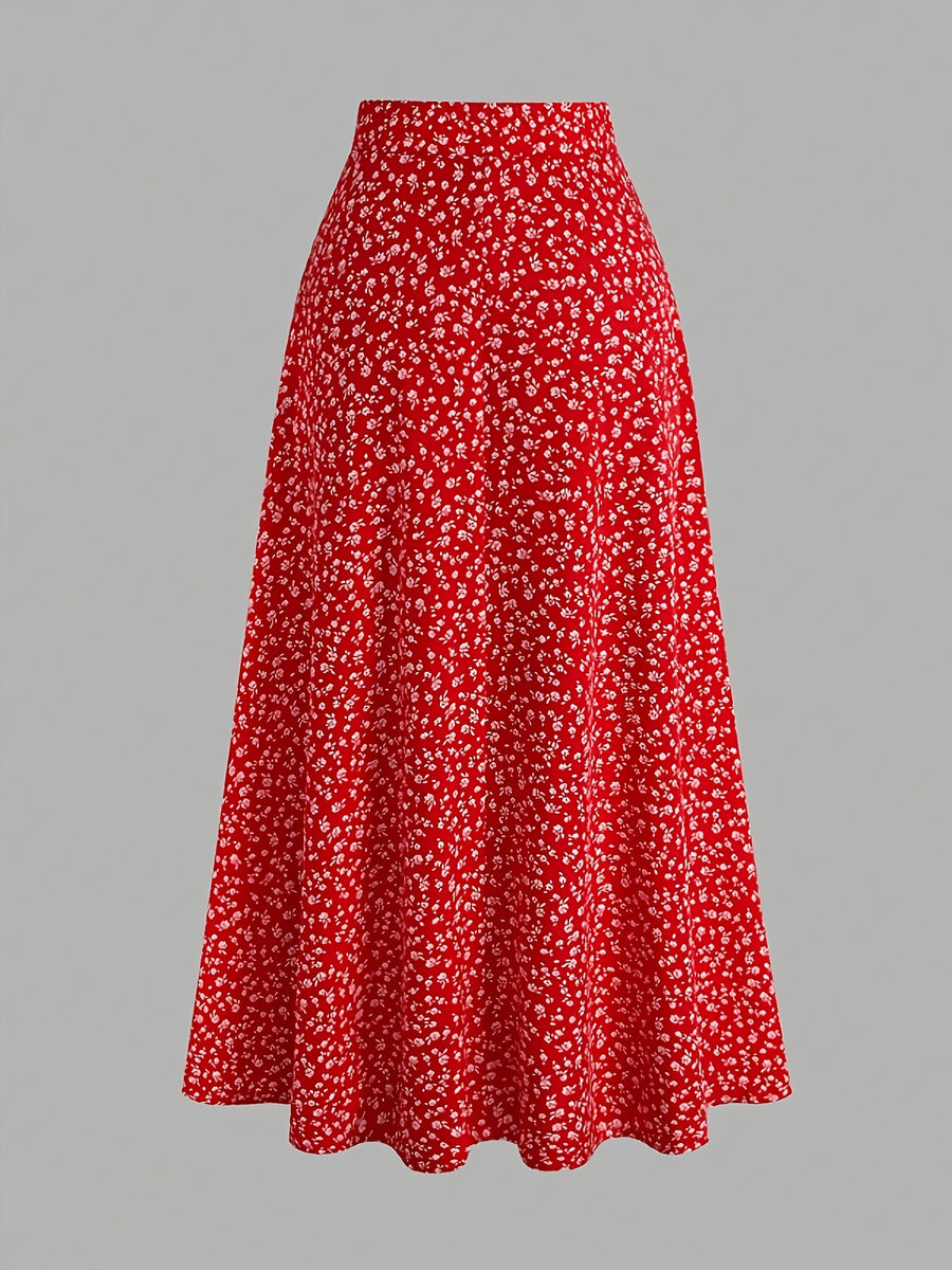 Ladies&Apos; Q4 Holiday Style Small Floral Print, Elastic Waistband A-Line Skirt - Red