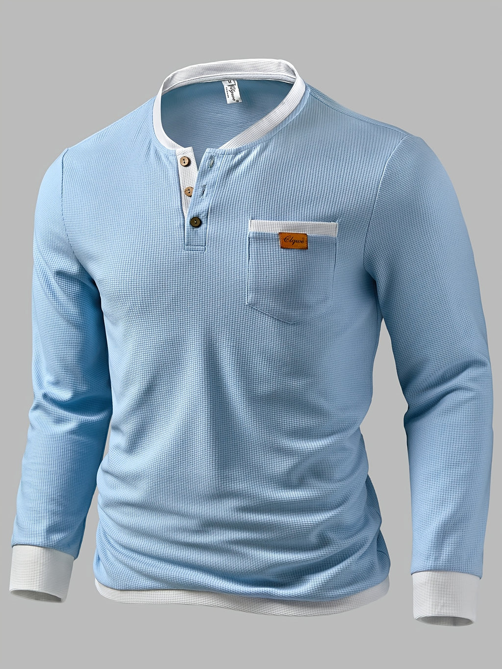 Men's Fashion Henley Shirt, Autumn/Winter Outdoor Casual Textured Waffle Knit Fabric, Color-Block Patchwork, Crew Neck, Single-Breasted Button Placket, Pocket Patch Detail, Regular Length, Long Sleeve - Sky Blue