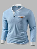 Men's Fashion Henley Shirt, Autumn/Winter Outdoor Casual Textured Waffle Knit Fabric, Color-Block Patchwork, Crew Neck, Single-Breasted Button Placket, Pocket Patch Detail, Regular Length, Long Sleeve - Sky Blue