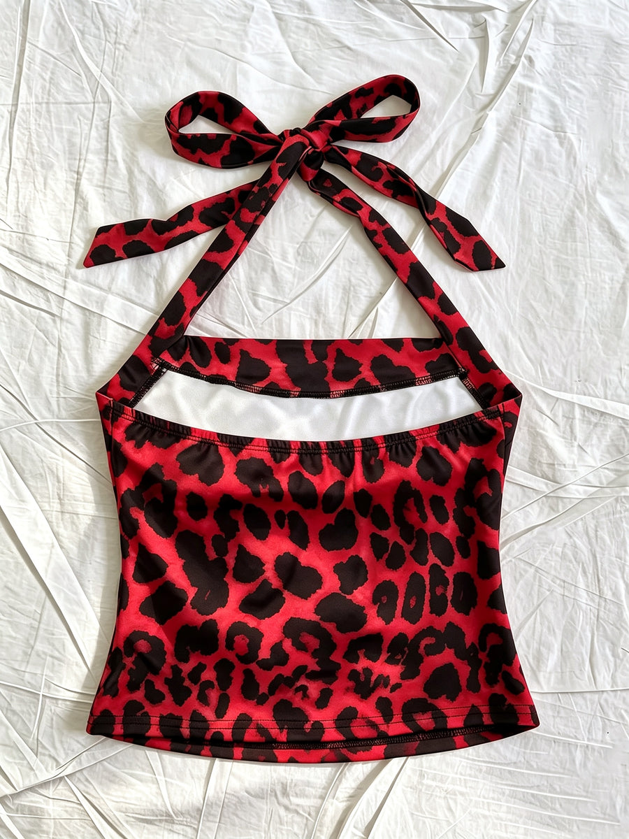 Women'S Halter Neck Leopard Print Vest, Fashion Casual Camisole Top with Tie Detail, Leopard Pattern/Casual Style/Halter Neckline, Adjustable Straps Off-Shoulder/Tie-Neck, Summer Casual Vacation Beachwear, All-Season Versatile Layering Piece - Red