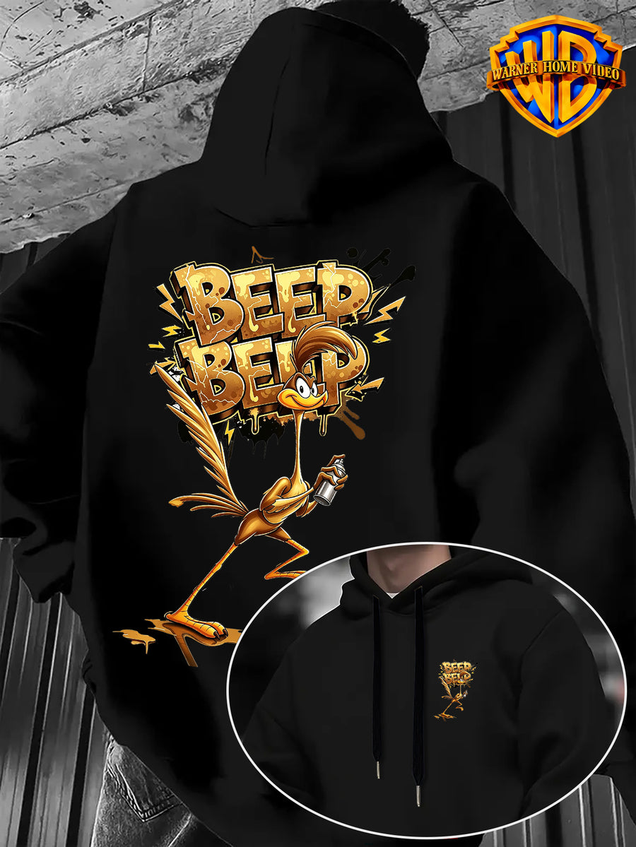 [Warner Bros. Official License] Retro Hip-Hop Golden BEEP Letter Spray Beep Bird Unisex Print Hoodie for - Men'S Fashion Sweatshirt with Double-Sided Print, Adjustable Drawstring Loose Comfortable Hoodie, Suitable for Daily And Outdoor Wear - Black