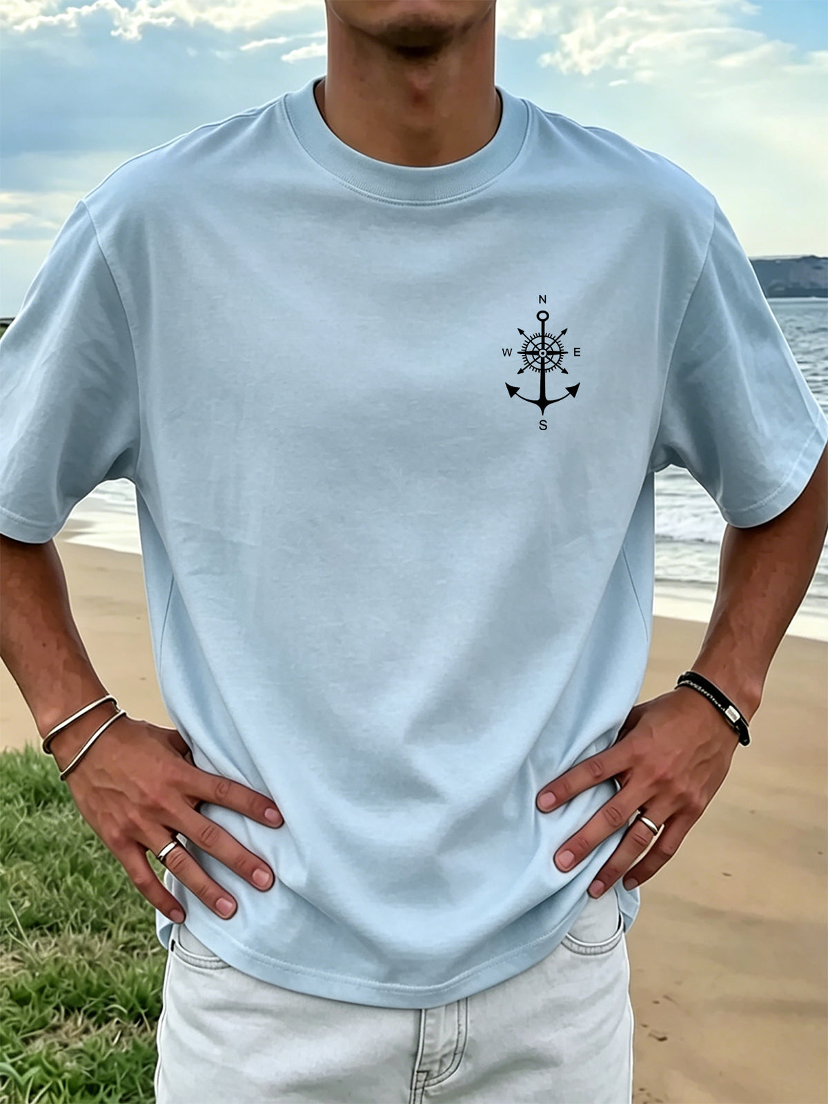 Men's 100% Cotton Nautical T-Shirt with Anchor & Compass Print - Soft Breathable Round Neck Casual Shirt Suitable for All Seasons, Beach Vacations, Sailing, Fishing, Casual Attire - Machine Washable Maritime - Light Blue Color