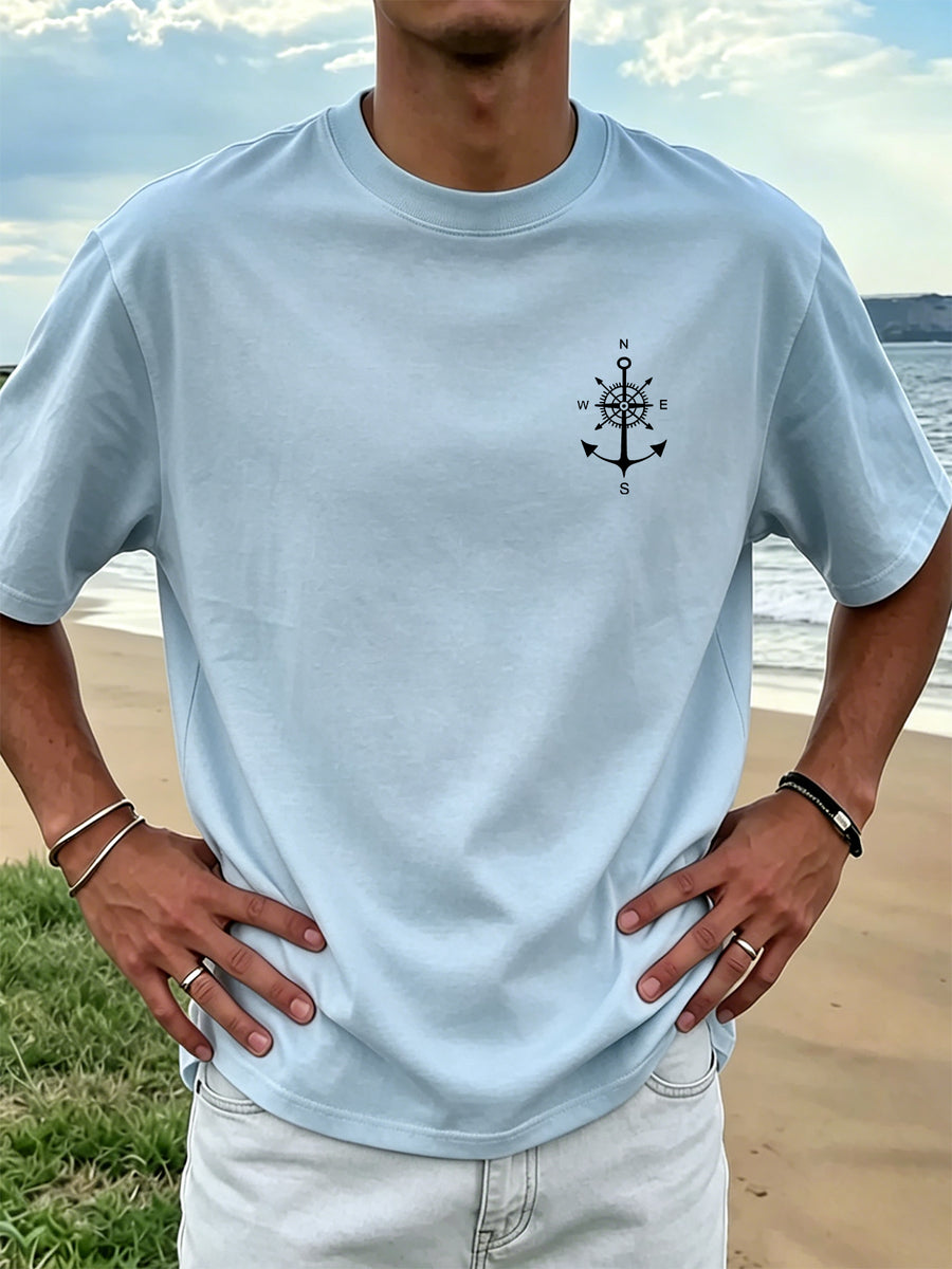 Men's 100% Cotton Nautical T-Shirt with Anchor & Compass Print - Soft Breathable Round Neck Casual Shirt Suitable for All Seasons, Beach Vacations, Sailing, Fishing, Casual Attire - Machine Washable Maritime - Light Blue Color