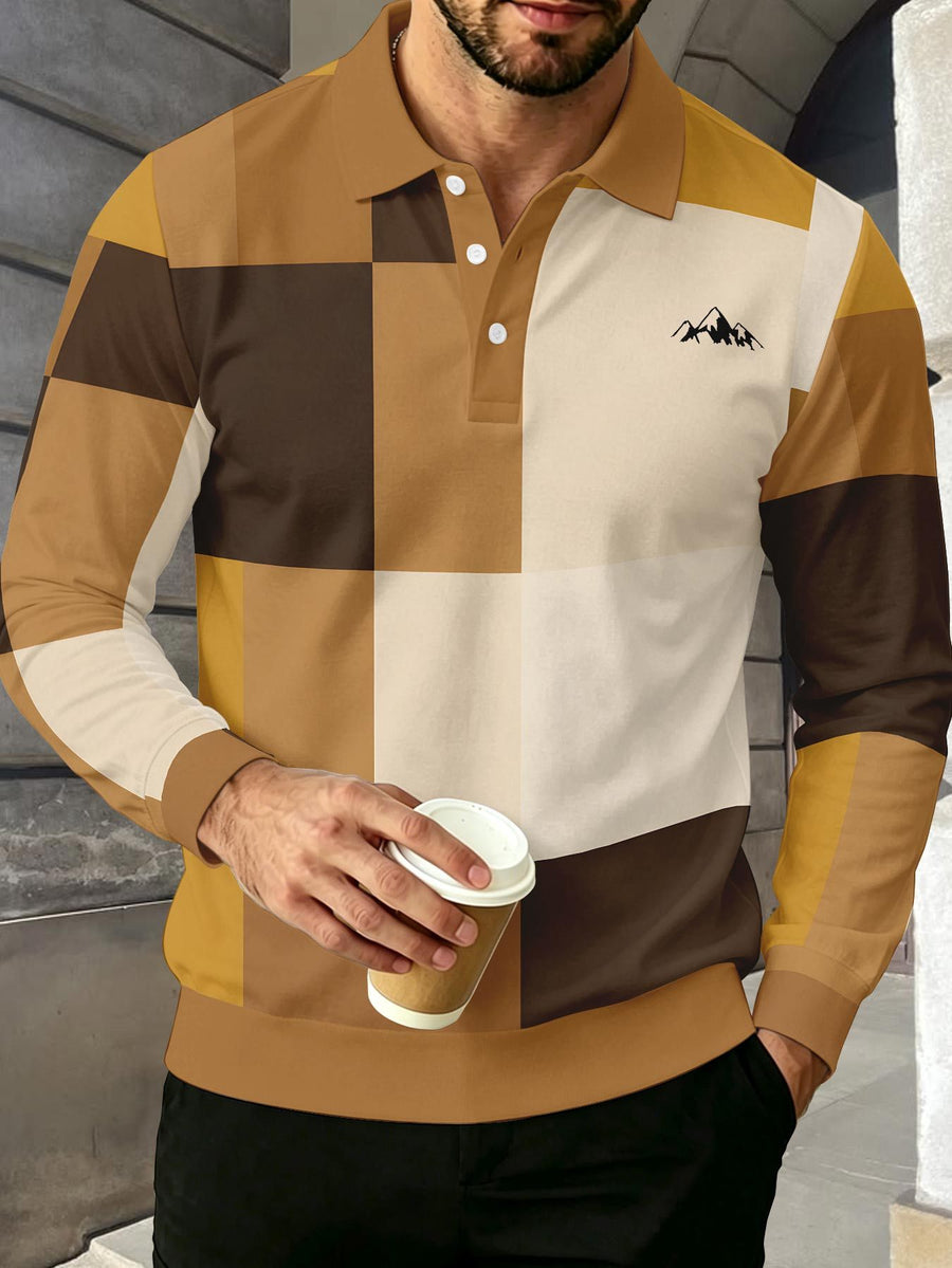 Color-Block Men'S Long Sleeve Polo Shirt, Lapel 3-Button Casual Top, Oil Painting Block Plaid Contrast Print, Spring Autumn Business Commute Golf Versatile Men'S Wear, Teenager Men'S Birthday Holiday Surprise Gift - Mixed Color H