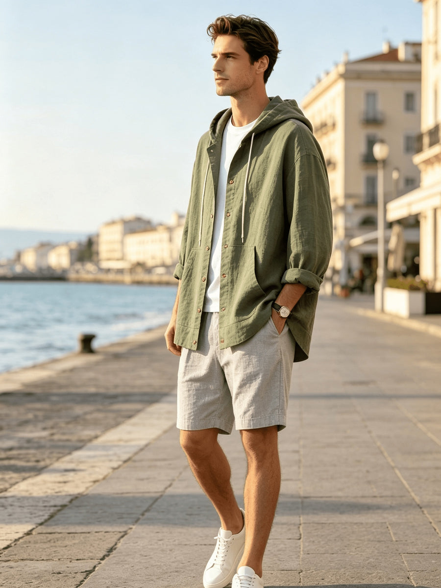 2026 New Men's Hooded Shirt, Soft and Breathable Linen Fabric, for Vacation, Travel, Leisure, Outdoor Fishing, and Beach - Olive Green