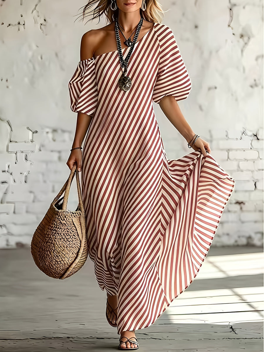 Women'S Elegant Asymmetrical Shoulder Stripe Long Dress, Summer Bohemian Vacation Loose Short Sleeve Maxi Skirt - Red