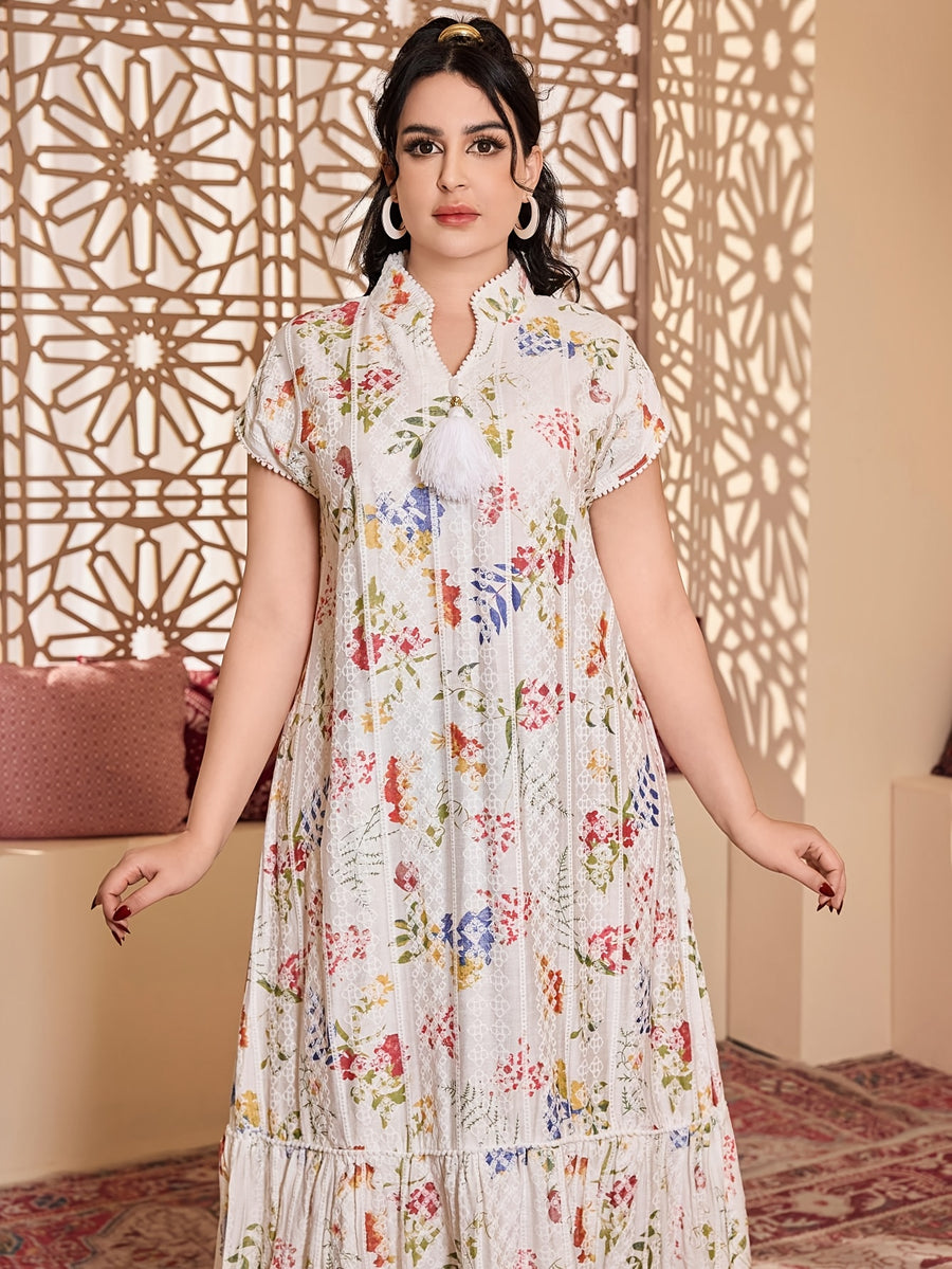 Directional Heavy Industrial 3D Imitation Multicolor Printed Arab Women'S Elegant Multi-Color Dress, 2026 Spring Summer Women'S Holiday Party Wear, Jalabiya Tassel Lace V-Neck Patchwork Pleated White Robe Fashion Elegant Fresh Clothing Outfit - Milky