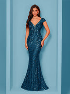 Elegant Beaded Mature Sleeveless Fishtail Dress Summer Party Dinner Formal High-end Luxury Bridesmaid Dresses V-Neck Wedding Mom Dress Sexy Tank Long Skirt - Peacock Blue