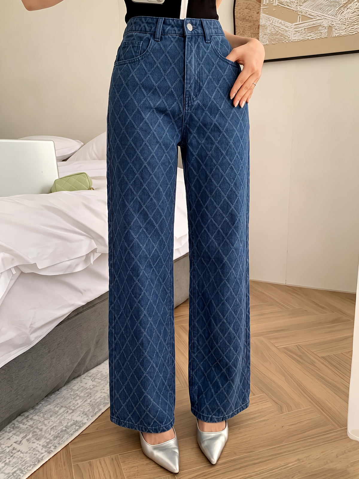 Trendy and Versatile, Stylish with Wide Legs, Comfortable and Elegant Women's Pants, 2026 New Denim Plaid Fashion Pants - Blue