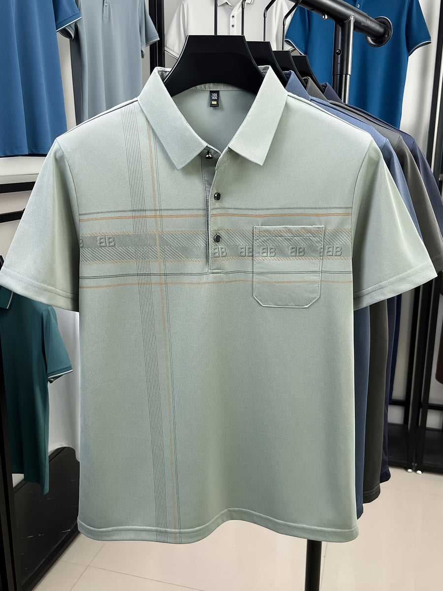 New Spring/Summer Men's Polo Shirt, Striped Contrast Color Half-Placket Single-Breasted Lapel Short-Sleeve T-Shirt, Men's Business Casual Fashionable Breathable Versatile Pullover Base Layer Top with Chest Pocket, Suitable for Spring and Summer - Light Green