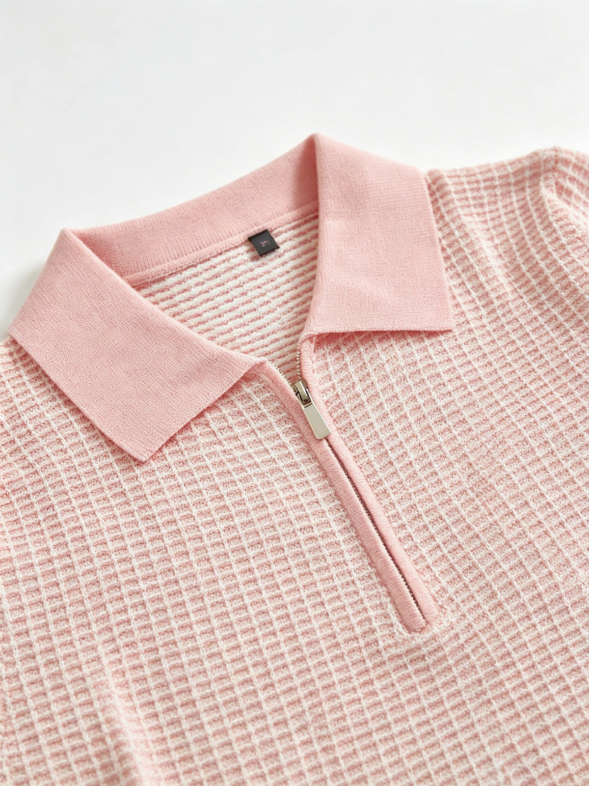 Men's Polo Collar Short Sleeve Waffle Knit Top, Solid Color Lightweight Breathable Casual Pullover - Pink Color