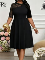 Women's Elegant Party Style Solid Color Lace Spliced Midi Dress, Easter Formal Dress, Women's Graduation Gown, Wedding Guest Attire, Women's Vacation Bohemian Cruise Outfit, Women's Formal Gown, Accessories Not Included - Black