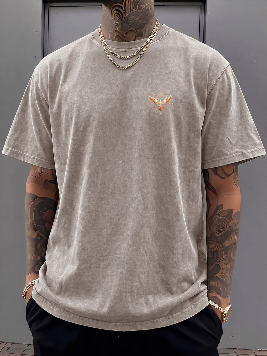 Men's Short-Sleeve T-Shirt, Pure Cotton Loose Fit Washed Distressed Top, Small Phoenix Compass Print, Trendy Print, 12 Colors for Mix and Match, American Street Style High Street Hip-Hop Couple's Outfit for Daily Streetwear, Commuting - Apricot