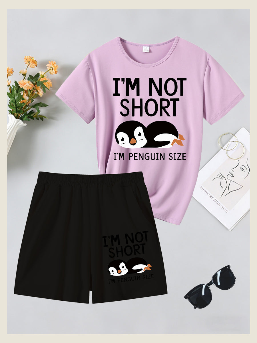 2pcs Women'S Summer Short Sleeve Set - I'M NOT SHORT Fun Penguin Print Short Sleeve And Shorts Outfit, Comfortable, Soft, Breathable Sportswear for Daily Wear, Suitable For, Campus, Valentine'S Day, Women'S Pajamas, Jogging, Fitness - Light Purple+Black