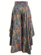 High-Waisted Paisley Print Casual Wide-Leg Pants for Women in Spring And Summer, Featuring Asymmetrical Ruffled Hems And an Elastic Waistband for a Relaxed Fit - Mixed colors