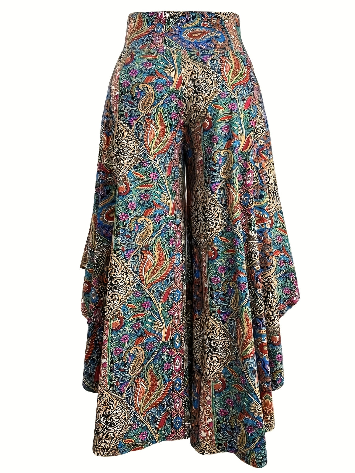 High-Waisted Paisley Print Casual Wide-Leg Pants for Women in Spring And Summer, Featuring Asymmetrical Ruffled Hems And an Elastic Waistband for a Relaxed Fit - Mixed colors
