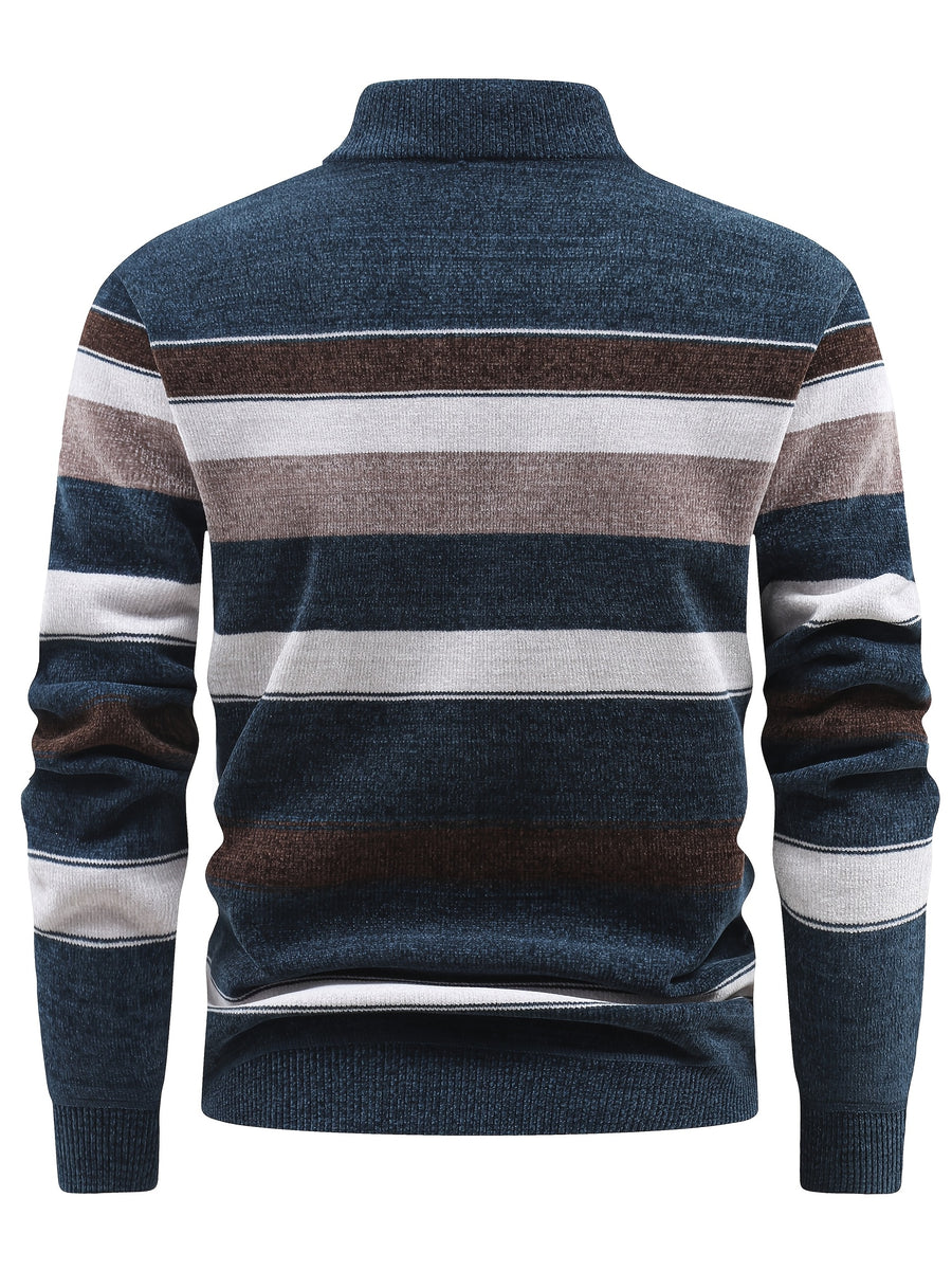 Autumn And Winter Men'S Sweater with Fleece, Half-Zipper Collar, Contrasting Color Stripes, Long-Sleeved Men'S Knit Pullover, Casual And Versatile, Warm Top Suitable for Daily Commuting, Going Out, Shopping - Sea Blue