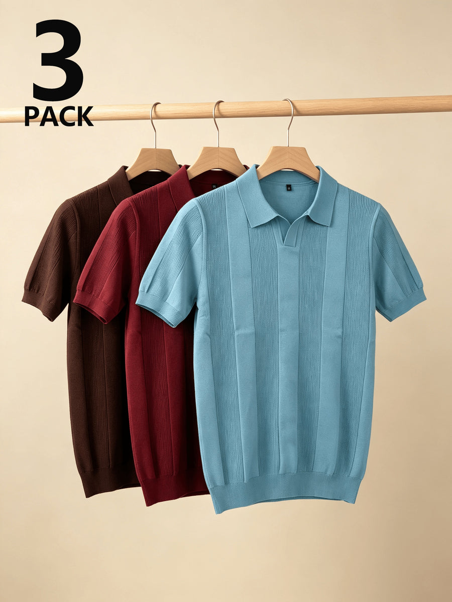 Men 3pcs Vertical Textured Knit Polo Shirts, Slim Fit Notch Collar Short Sleeve Knitwear, Lightweight Comfort Shirts for Office Vacation Daily Wear - Brown-Red-Light Blue