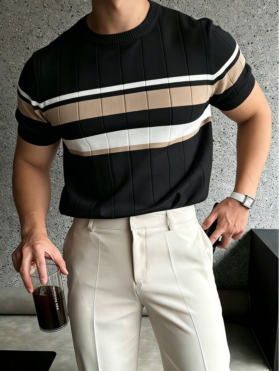 Men'S Color-Block Short-Sleeve Knit Pullover, Regular Round Neck Top, Business Casual Summer New - Black