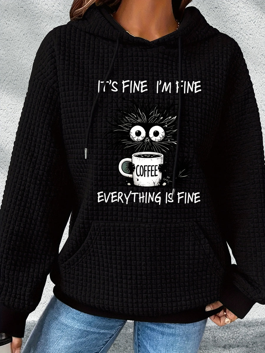 Women'S Black Hoodie with "It'S Fine I'm Fine Everything is Fine" Cartoon Cat & Coffee Design - Cozy Long Sleeve Pullover for Fall/Winter, Casual Everyday Hoodie, Casual Wear Hoodie | Playful Graphic Hoodie | Construction, Cat Hoodie - Black