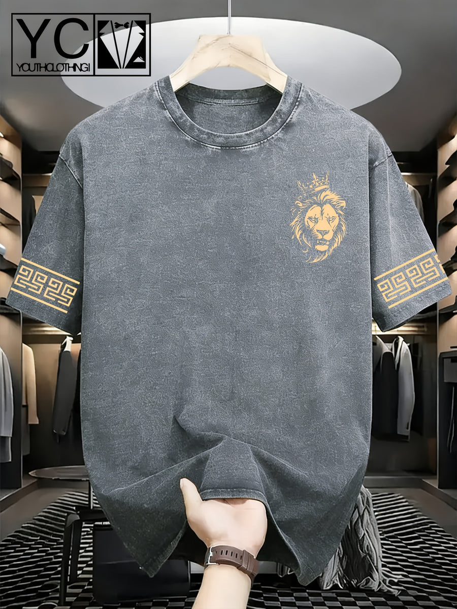 Men'S Short-Sleeve T-Shirt with Trendy Greek Key Pattern Print on Cuffs And Distressed Wash End; Machine-Washable, Loose-Fit Crewneck Top with Textured Washed Look - Light Gray 1