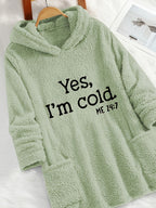 Women's "Yes I'm Cold" Printed Teddy Bear Hooded Sweatshirt - 100% Polyester Relaxed Fit Long Sleeve Pullover with Double Pockets, Cozy Fleece-Lined Casual Winter Top for Fall & Winter - Light Green