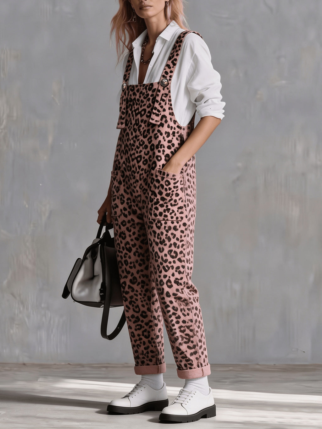 Women'S Overalls, Pink Leopard Print Jumpsuit, Casual Loose Fit - Pink Color