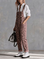 Women'S Overalls, Pink Leopard Print Jumpsuit, Casual Loose Fit - Pink Color