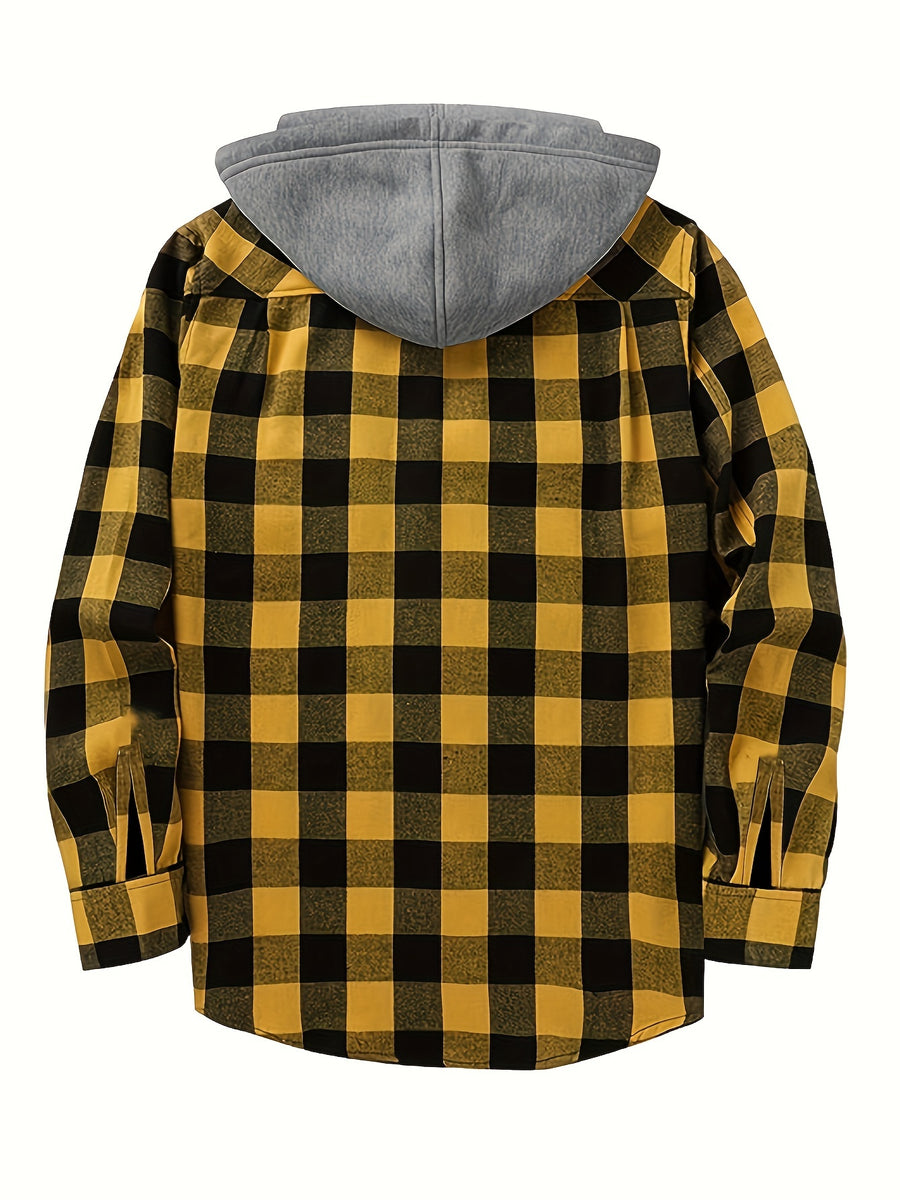 3pcs Men's New York Fashion Trendy Plaid Shirt Hooded Plaid Sweatshirt Flannel Hoodie - Purple+yellow+green