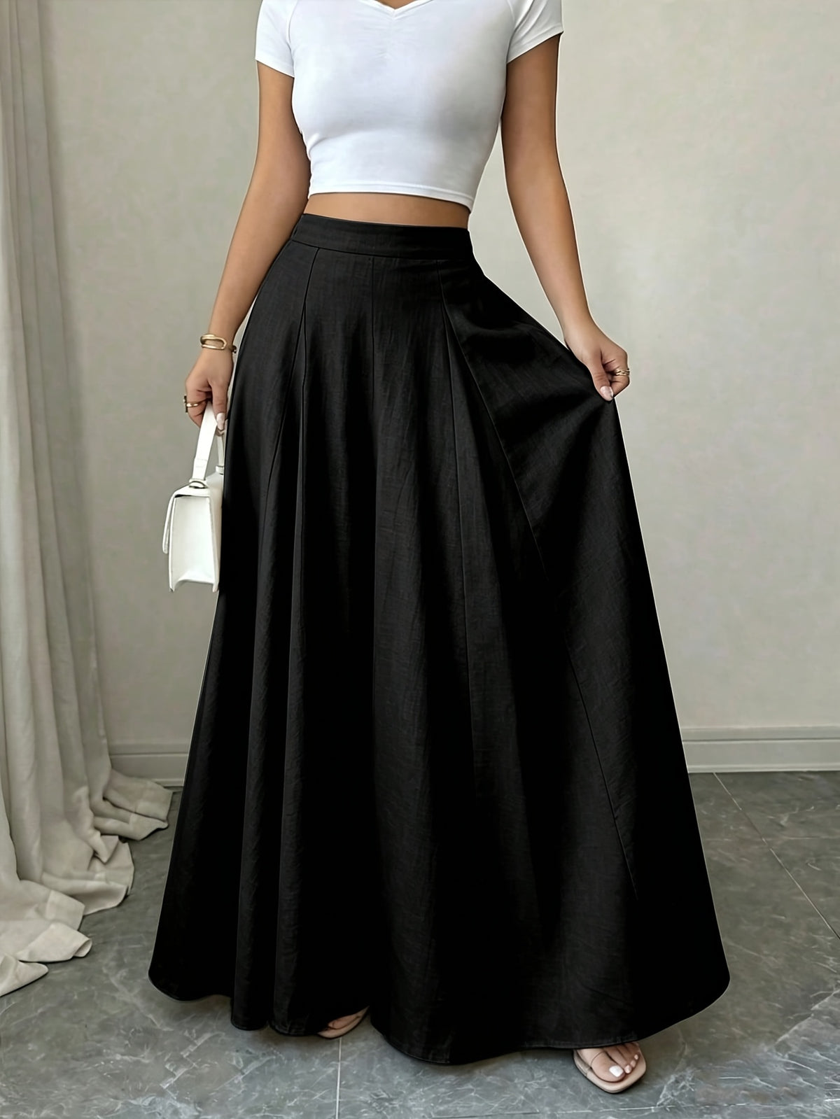 High-Waist Wide-Leg Pants, Women'S Summer Flared Skirt Design, Slim Elegant Commute Casual Trousers - Black