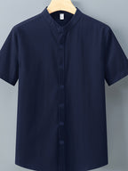 Single-piece Solid-colored Men's Short-sleeved Shirt, Classic Button-up Cardigan Style, Loose and Unrestricted, Available in Multiple Colors, Suitable for Office Wear, Casual Outings, and More. - Navy Color