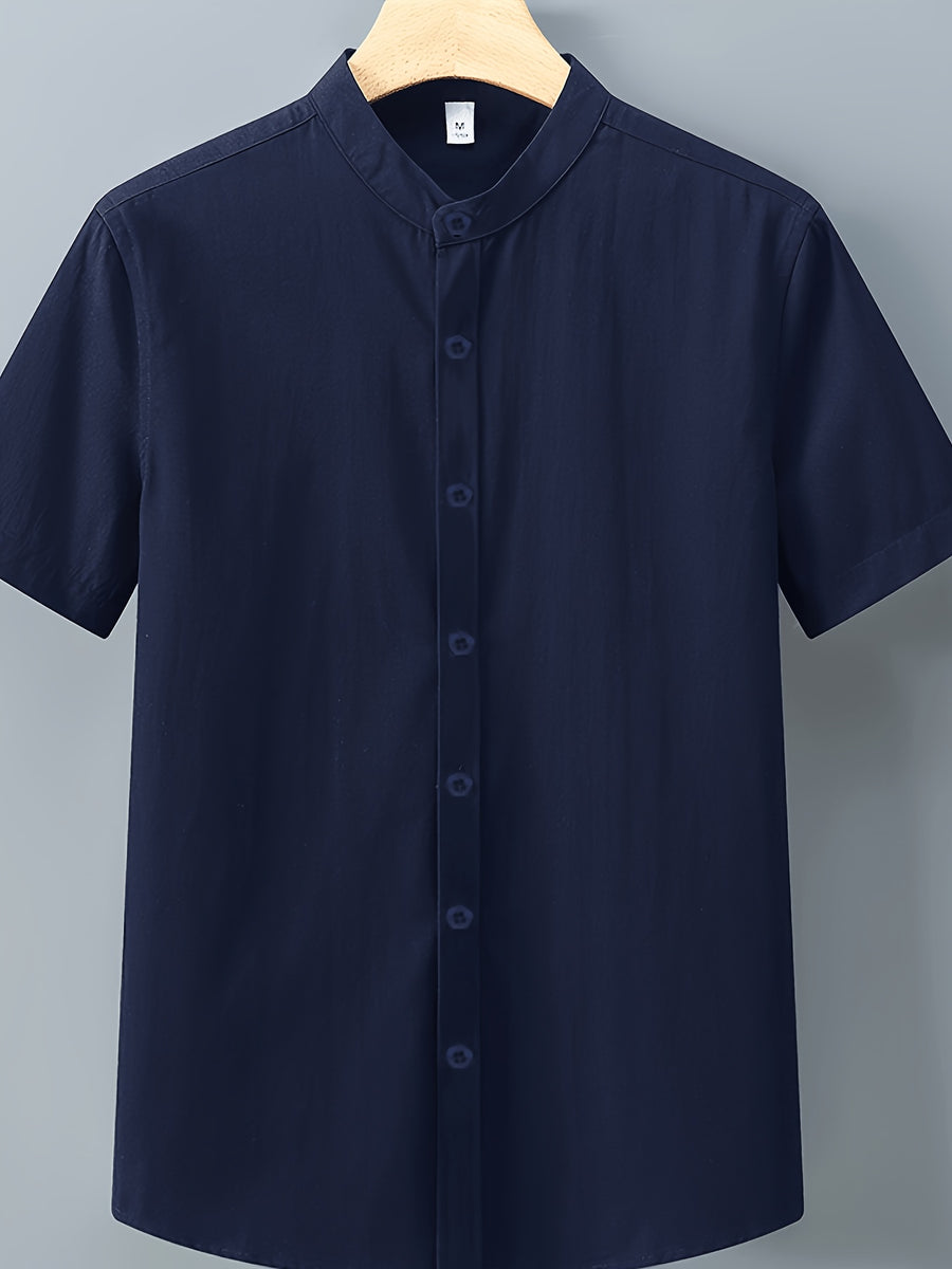 Single-piece Solid-colored Men's Short-sleeved Shirt, Classic Button-up Cardigan Style, Loose and Unrestricted, Available in Multiple Colors, Suitable for Office Wear, Casual Outings, and More. - Navy Color